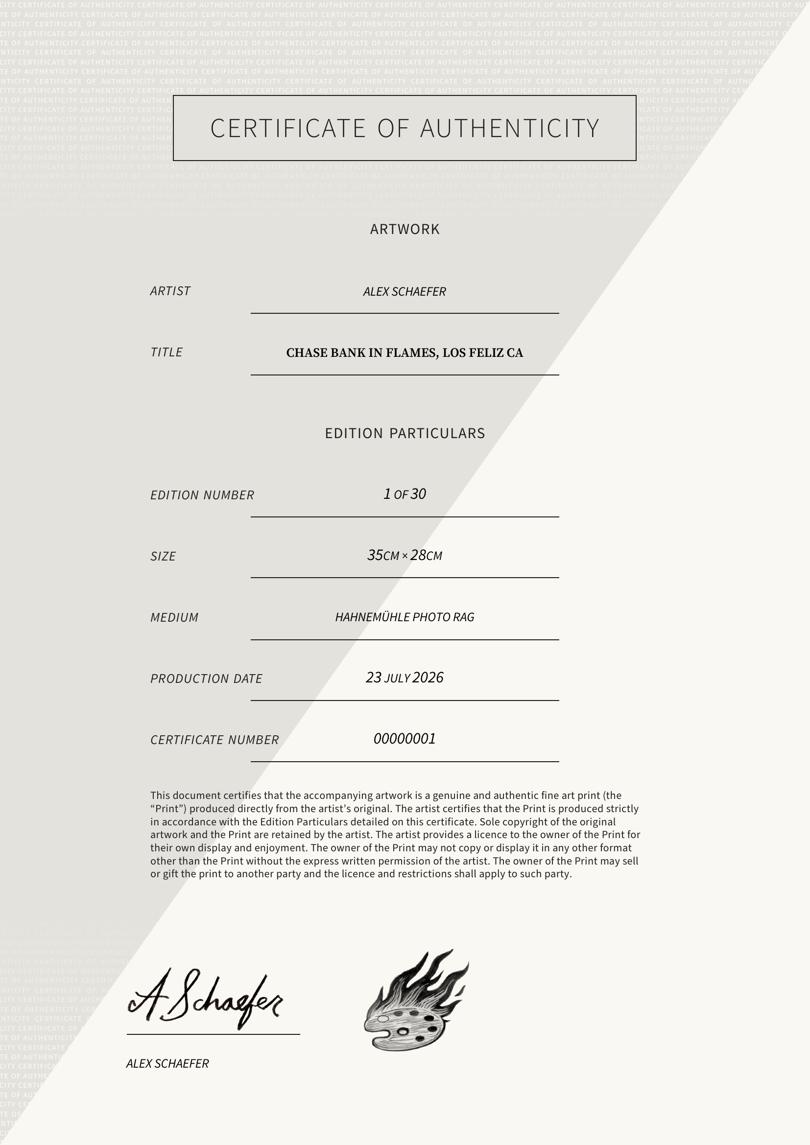 Chase Bank in Flames, Los Feliz CA — Certificate of Authenticity